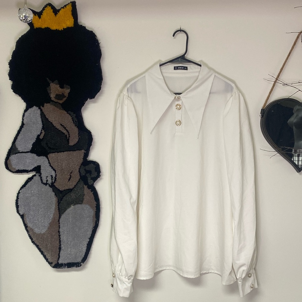 White, Oversized, pearl and gold embellishments,collared, Balloon sleeves